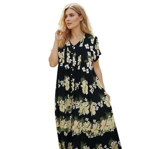La Cera Size 2X Maxi Dress Floral Print Crinkle Gauze Button Front Boho Hippie